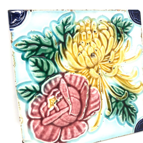 Italian Stoneware Floral Wall Tile, Handpainted Flower Tile, Ceramic Tile Art - Picture 3 of 5